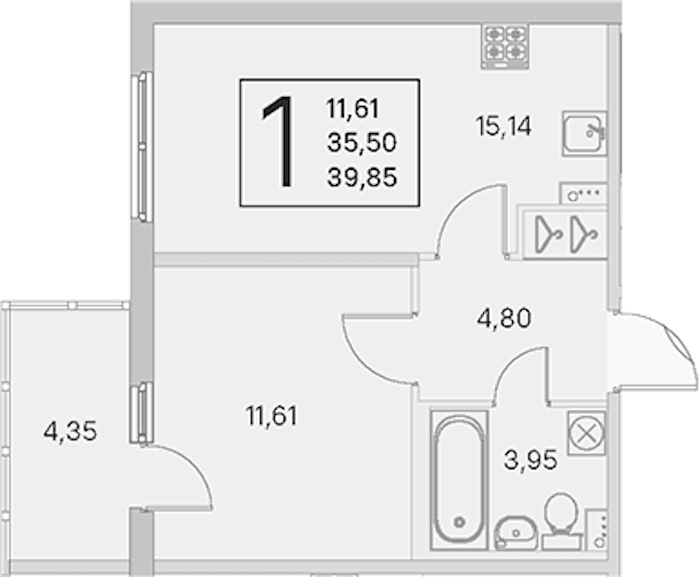 1-комнатная квартира 35.5 м², 1/4 эт., ЖК «Любоград в Стрельне»